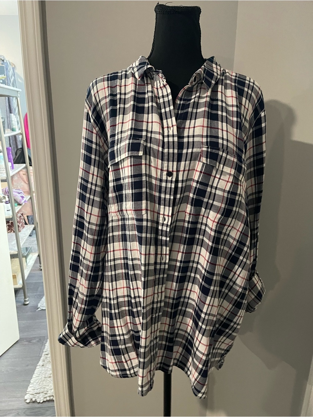 GAP Plaid Button-Down Shirt in Navy, White & Red